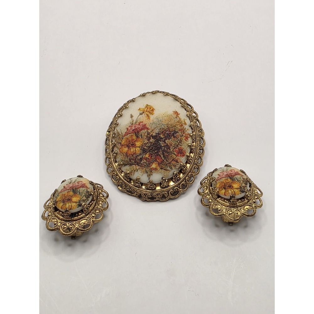 Vtg W Germany Gold Color Filigree Sugared Glass Floral Cameo Brooch W/ Clip-ons